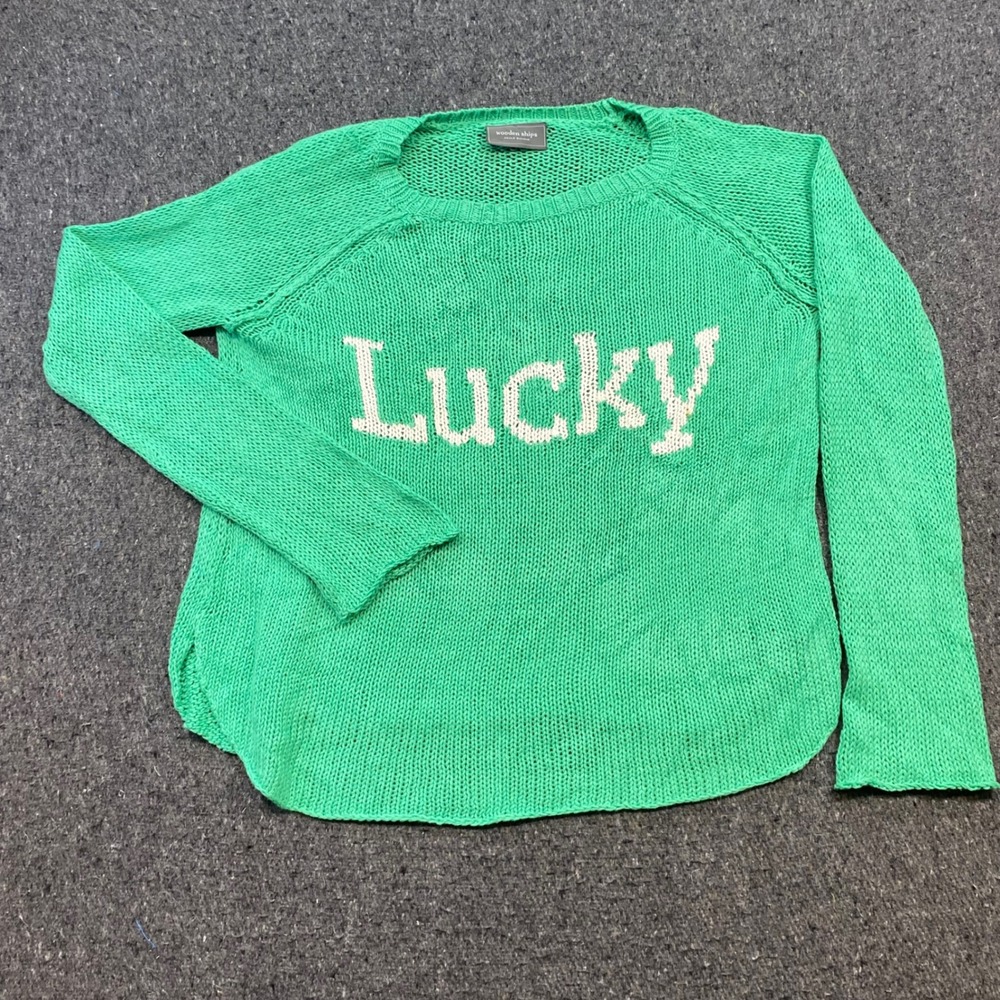 Wooden Ships Lucky Knit Sweater Sz S/M Womens Green Boho St Patricks Day Graphic